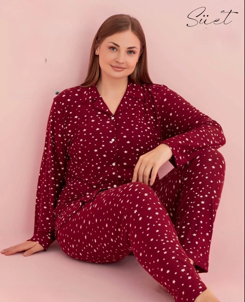 Pijamerry Kadın Büyük Beden Gömlek Yaka Süet Uzun Kol Pijama Takımı 5265- 1 Adet  Bordo 2XL