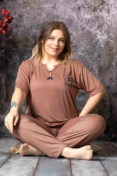 Sude Kadın Bambu Büyük Beden Düğme Yaka İnce Kısa Kol Pijama Takımı P300/146 - 1 Adet  3XL Kahverengi - Resim 3