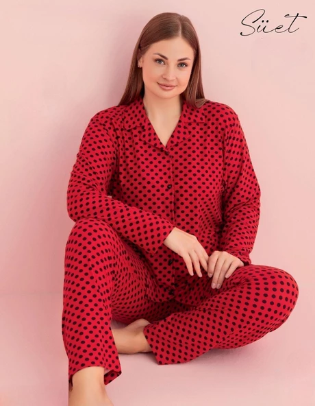 Pijamerry Kadın Büyük Beden Gömlek Yaka Süet Uzun Kol Pijama Takımı 5267- 1 Adet  Kırmızı 3XL