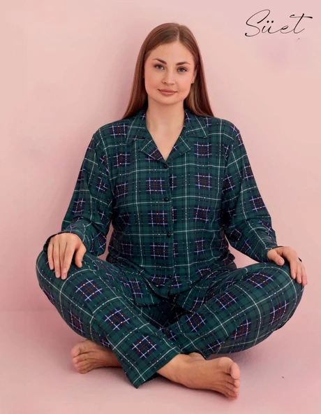 Pijamerry Kadın Büyük Beden Gömlek Yaka Süet Uzun Kol Pijama Takımı 5259- 1 Adet  Yeşil 2XL