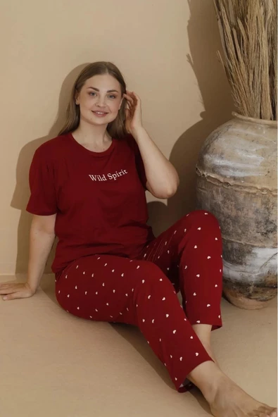 Boyraz Kadın Milan Büyük Beden Bisiklet Yaka Kısa Kol İnce Pijama Takımı 11053 - 1 Adet  XL Bordo