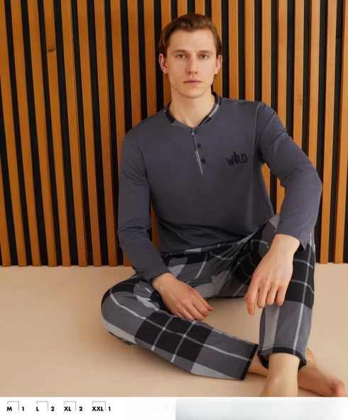 Pijamoni Erkek Süprem Uzun Kol İnce Pijama Takımı 6300 / 13 - 1 Adet  L Antrasit - Resim 3