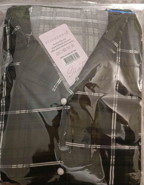 Pijamerry Kadın Büyük Beden Gömlek Yaka Süet Uzun Kol Pijama Takımı 5272- 1 Adet  2XL Haki - 3