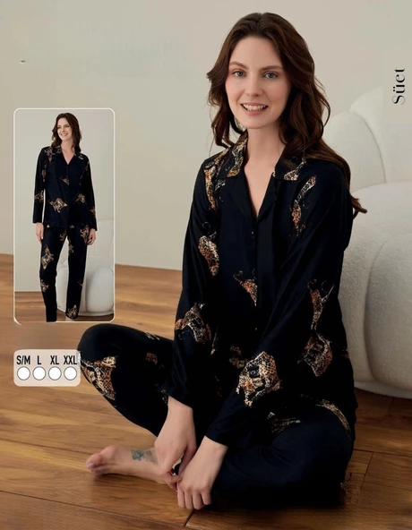Boyraz Kadın Süet Boydan Düğmeli Pijama Takımı 02004 - 1 Adet  Siyah L
