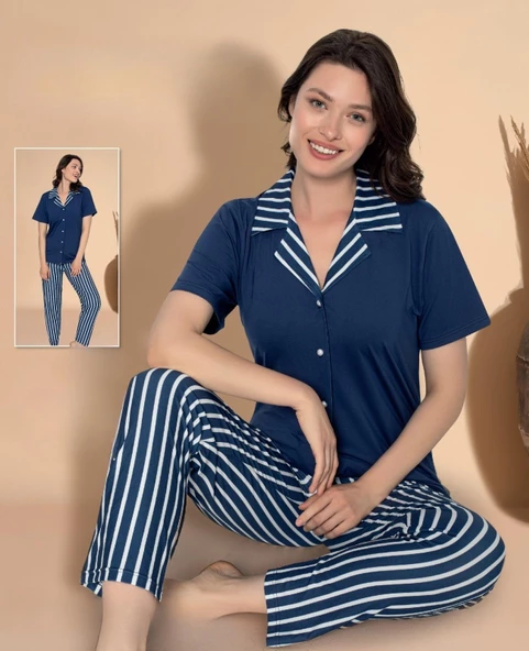 Boyraz Kadın Milan Boydan Düğmeli Kısa Kol İnce Pijama Takımı 11036 - 1 Adet  M Lacivert