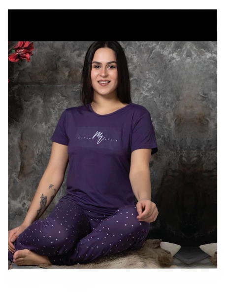 Charme Kadın Milan Bisiklet Yaka Kısa Kol Pijama Takımı K300/250- 1 Adet  S Mor - 2