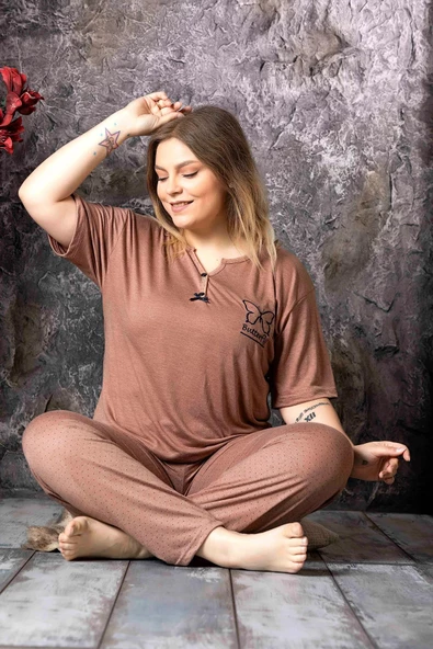 Sude Kadın Bambu Büyük Beden Düğme Yaka İnce Kısa Kol Pijama Takımı P300/146 - 1 Adet  3XL Kahverengi
