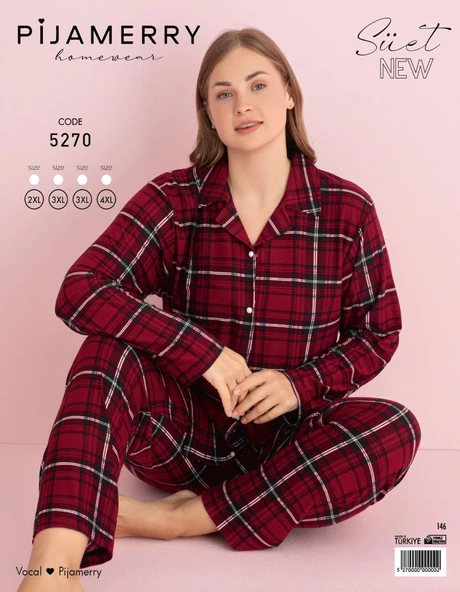 Pijamerry Kadın Büyük Beden Gömlek Yaka Süet Uzun Kol Pijama Takımı 5270- 1 Adet  4XL Bordo - 2