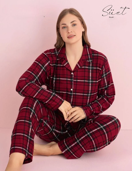 Pijamerry Kadın Büyük Beden Gömlek Yaka Süet Uzun Kol Pijama Takımı 5270- 1 Adet  4XL Bordo