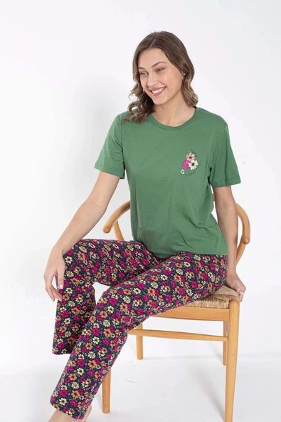 SENFONİ Kadın Bisiklet Yaka Çiçek Desenli Pijama Takımı 6032 -1 Adet  Yeşil 2XL - 4