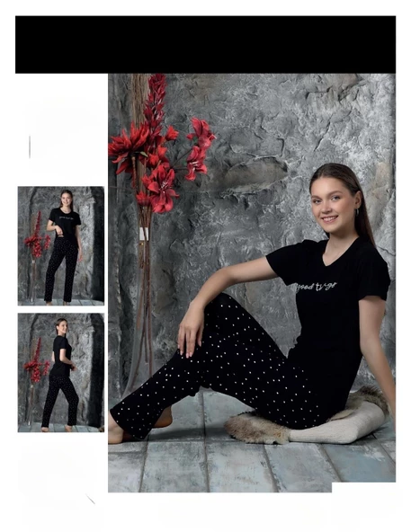 Charme Kadın Milan Bisiklet Yaka Kısa Kol Pijama Takımı P300/396- 1 Adet  Siyah L - 2