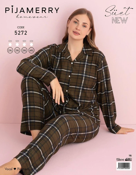 Pijamerry Kadın Büyük Beden Gömlek Yaka Süet Uzun Kol Pijama Takımı 5272- 1 Adet  2XL Haki - 2