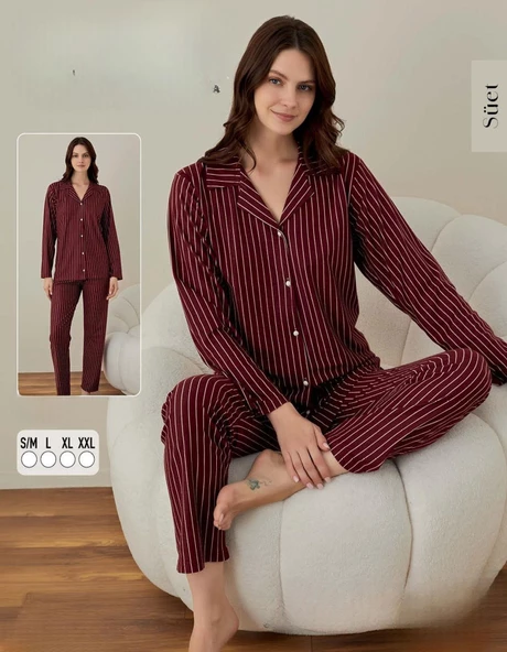 Boyraz Kadın Süet Boydan Düğmeli Pijama Takımı 02002 - 1 Adet  L Bordo - 2