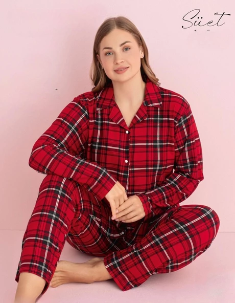 Pijamerry Kadın Büyük Beden Gömlek Yaka Süet Uzun Kol Pijama Takımı 5269- 1 Adet  Kırmızı 3XL