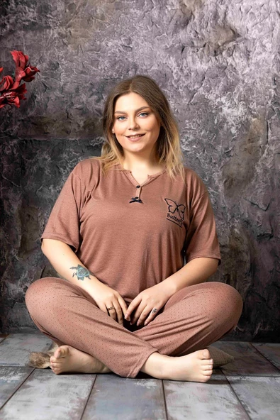 Sude Kadın Bambu Büyük Beden Düğme Yaka İnce Kısa Kol Pijama Takımı P300/146 - 1 Adet  3XL Kahverengi - Resim 2