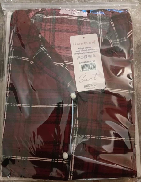 Pijamerry Kadın Büyük Beden Gömlek Yaka Süet Uzun Kol Pijama Takımı 5270- 1 Adet  4XL Bordo - 3