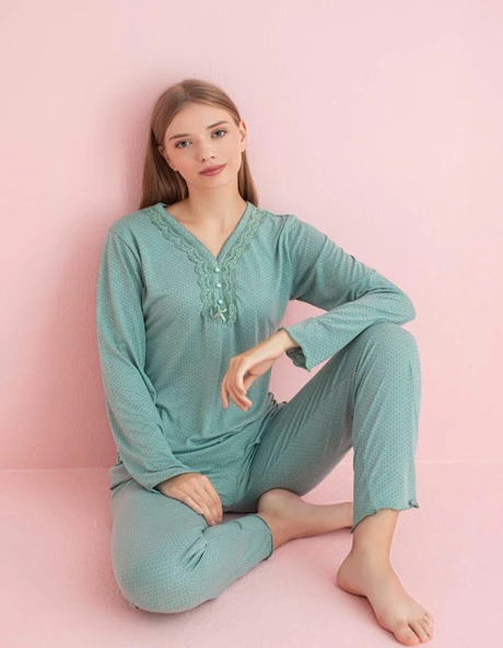 Pijamerry Kadın Dantel Yaka Bambu Uzun Kol Pijama Takımı 5208 - 1 Adet  M Yeşil