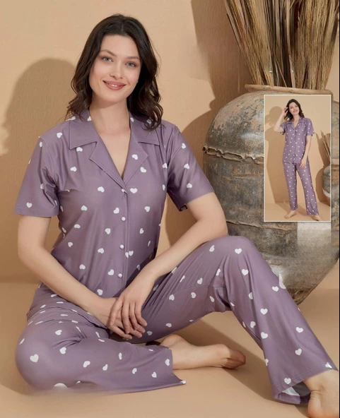 Boyraz Kadın Milan Boydan Düğmeli Kısa Kol İnce Pijama Takımı 11039 - 1 Adet  L Lila