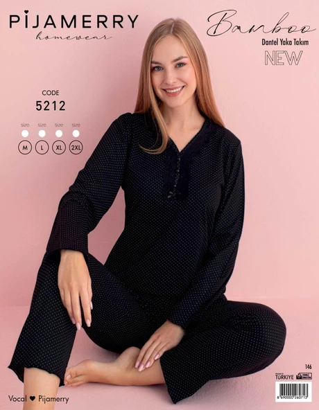 Pijamerry Kadın Dantel Yaka Bambu Uzun Kol Pijama Takımı 5212 - 1 Adet  Siyah M - 3