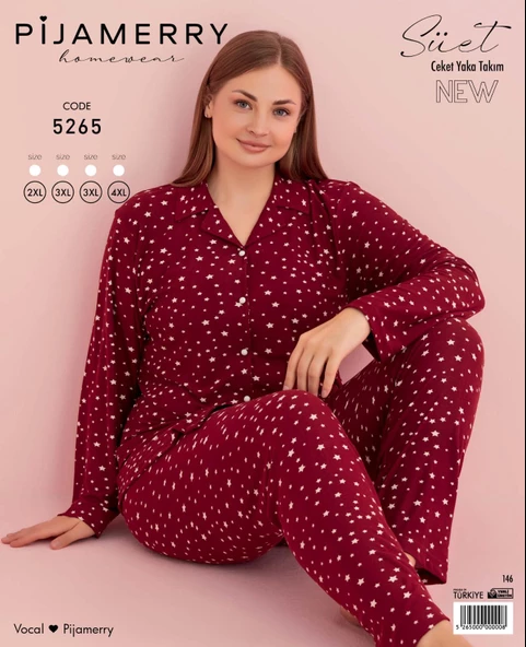 Pijamerry Kadın Büyük Beden Gömlek Yaka Süet Uzun Kol Pijama Takımı 5265- 1 Adet  Bordo 2XL - 2