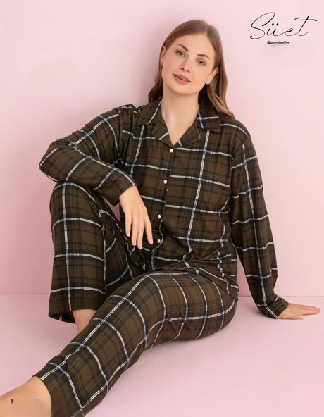 Pijamerry Kadın Büyük Beden Gömlek Yaka Süet Uzun Kol Pijama Takımı 5272- 1 Adet  2XL Haki