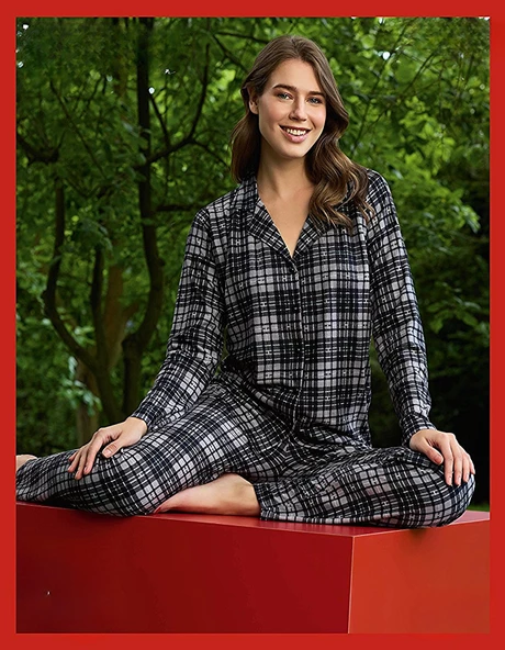 Pijamoni Kadın Süet Önden Düğmeli Likralı Pijama Takımı 10 - 1 Adet  L Gri