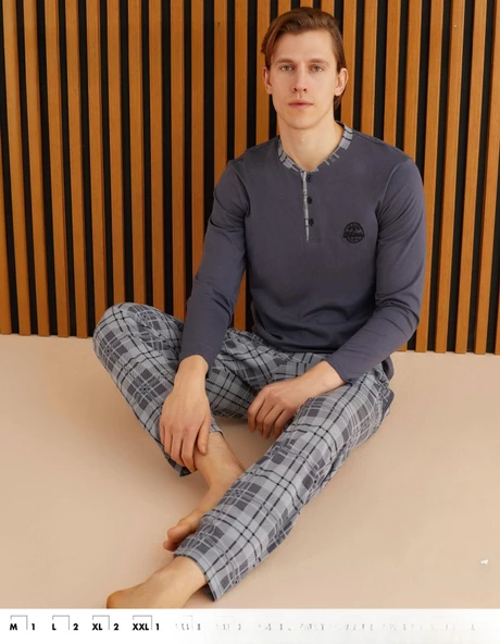 Pijamoni Erkek Süprem Uzun Kol İnce Pijama Takımı 6300 / 9 - 1 Adet  2XL Füme