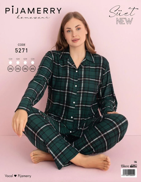 Pijamerry Kadın Büyük Beden Gömlek Yaka Süet Uzun Kol Pijama Takımı 5271- 1 Adet  Yeşil 2XL - 2