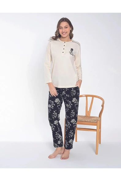 Senfoni Kadın Düğmeli Yaka Uzun Kol Pamuklu Pijama Takımı 6044 -1 Adet  XL Ekru