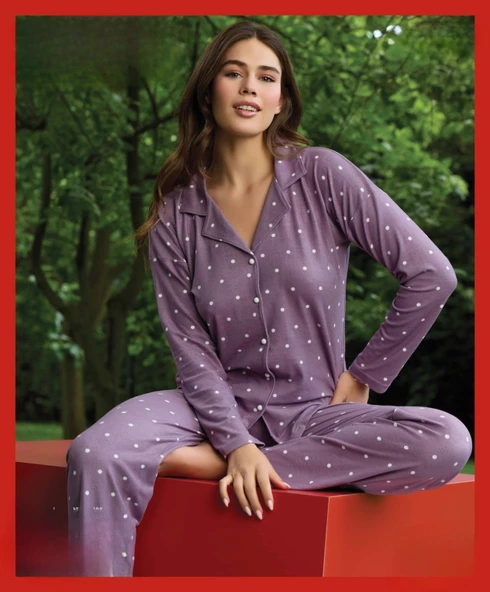 Pijamoni Kadın Süet Önden Düğmeli Likralı Pijama Takımı 18 - 1 Adet  S - M Lila - 2