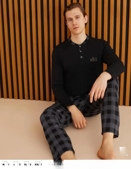 Pijamoni Erkek Süprem Uzun Kol İnce Pijama Takımı 6300 / 7 - 1 Adet  XL Siyah