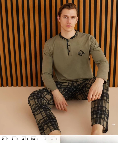 Pijamoni Erkek Süprem Uzun Kol İnce Pijama Takımı 6300 / 17 - 1 Adet  XL Haki - 3