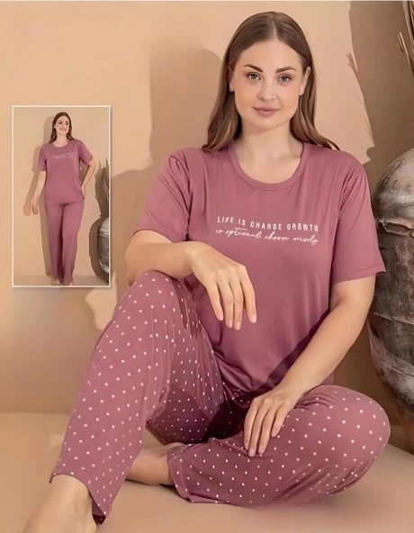 Boyraz Kadın Milan Büyük Beden Bisiklet Yaka Kısa Kol İnce Pijama Takımı 11052 - 1 Adet  2XL Pudra