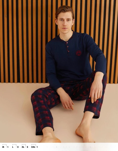 Pijamoni Erkek Süprem Uzun Kol İnce Pijama Takımı 6300 / 2 - 1 Adet  L Lacivert