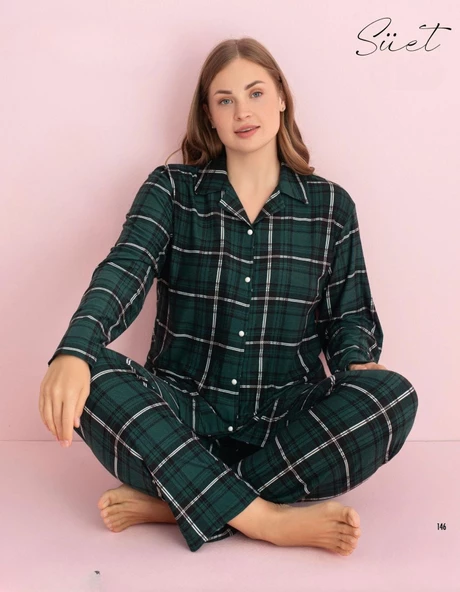 Pijamerry Kadın Büyük Beden Gömlek Yaka Süet Uzun Kol Pijama Takımı 5271- 1 Adet  Yeşil 2XL