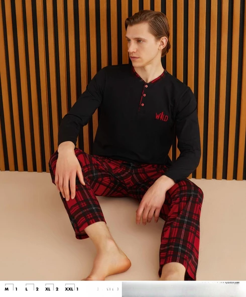 Pijamoni Erkek Süprem Uzun Kol İnce Pijama Takımı 6300 / 1 - 1 Adet  Siyah M - Resim 3