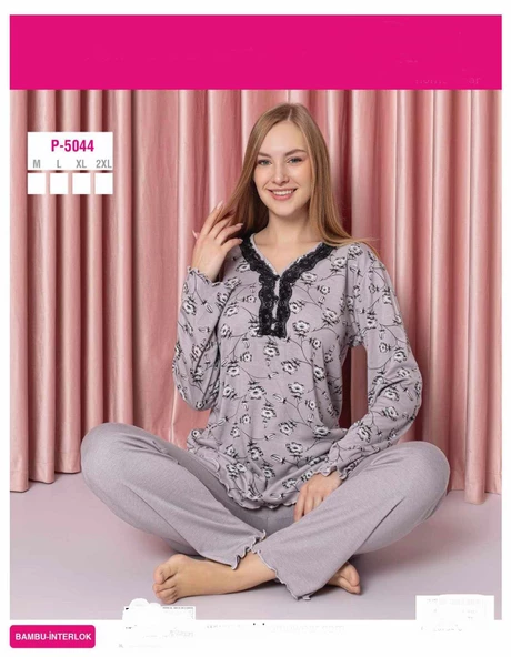 Sude Kadın Bambu İnterlok Uzun Kol Yakası Nakışlı V Yaka Pijama Takımı P5044 - 1 Adet  L Gri - 2
