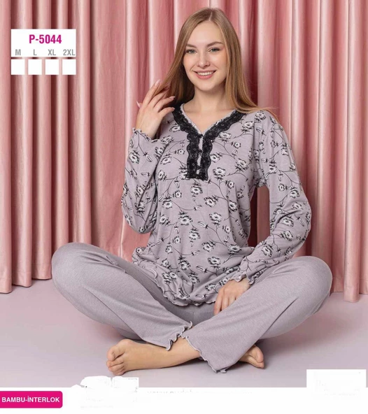 Sude Kadın Bambu İnterlok Uzun Kol Yakası Nakışlı V Yaka Pijama Takımı P5044 - 1 Adet  L Gri