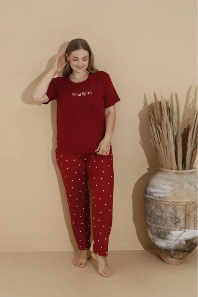 Boyraz Kadın Milan Büyük Beden Bisiklet Yaka Kısa Kol İnce Pijama Takımı 11053 - 1 Adet  XL Bordo - 2