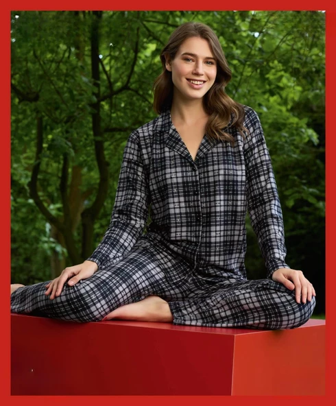 Pijamoni Kadın Süet Önden Düğmeli Likralı Pijama Takımı 10 - 1 Adet  Gri 2XL - 2