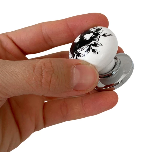 Siyah Gül Desenli Beyaz Polimer Düğme Kulp Krom Tablalı Mobilya Mutfak Dolabı Çekmece Kulbu Kulpları - Resim 3