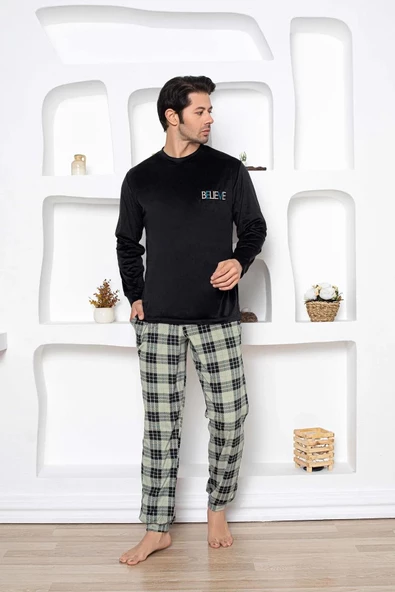Aydoğan Erkek Kadife Kışlık Bisiklet Yaka Uzun Kol Pijama Takımı 13020 - 1 Adet  XL Siyah