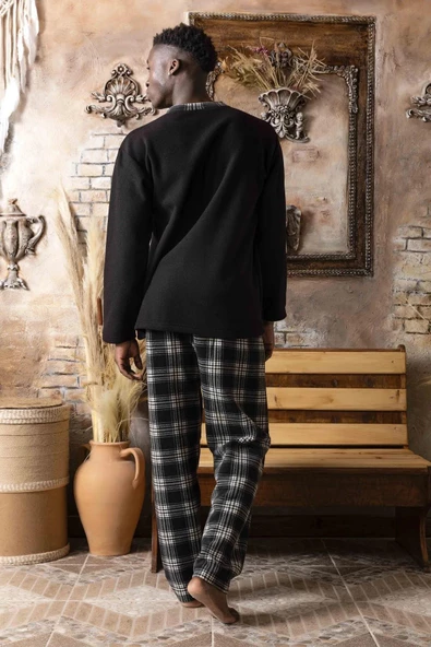 Sude Erkek Yakası Düğmeli Kışlık Polar Pijama Takımı A100/28 - 1 Adet  Siyah L - Resim 2