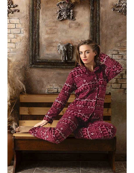 Sude Kadın Gömlek Yaka Polar Pijama Takımı M901 - 1 Adet  Mürdüm S
