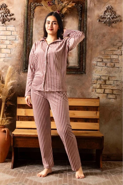 Sude Kadın Kışlık Gömlek Yaka Kadife Çizgili Pijama Takımı P200/840 - 1 Adet  M Pembe - Resim 2