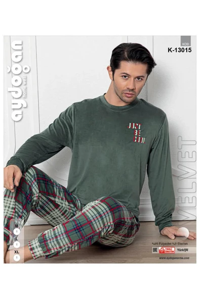 Aydoğan Erkek Kadife Kışlık Bisiklet Yaka Uzun Kol Pijama Takımı 13015 - 1 Adet  M Haki - Resim 3