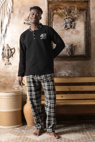 Sude Erkek Yakası Düğmeli Kışlık Polar Pijama Takımı A100/28 - 1 Adet  XL Siyah