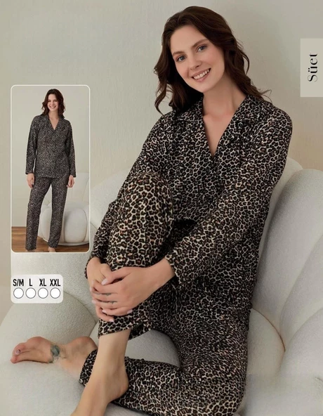 Boyraz Kadın Süet Leopar Desenli Boydan Düğmeli Pijama Takımı 02006 - 1 Adet  S - M Kahverengi ürün görseli 1