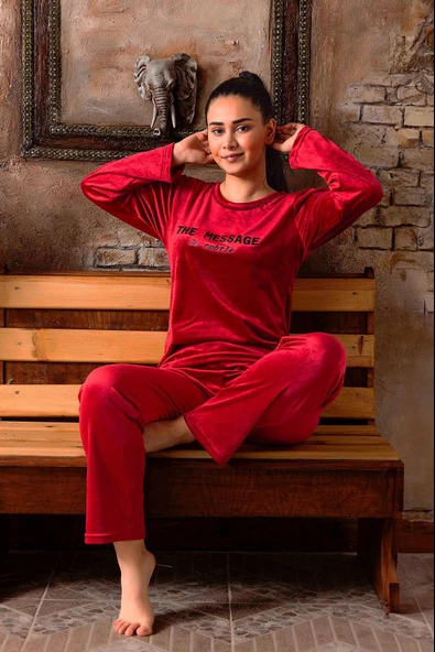 Sude Kadın Kışlık Bisiklet Yaka Kadife Pijama Takımı K803/97 - 1 Adet  Kırmızı S ürün görseli 1