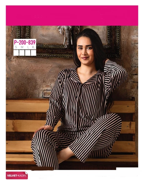 Sude Kadın Kışlık Gömlek Yaka Kadife Çizgili Pijama Takımı P200/839 - 1 Adet  M Somon